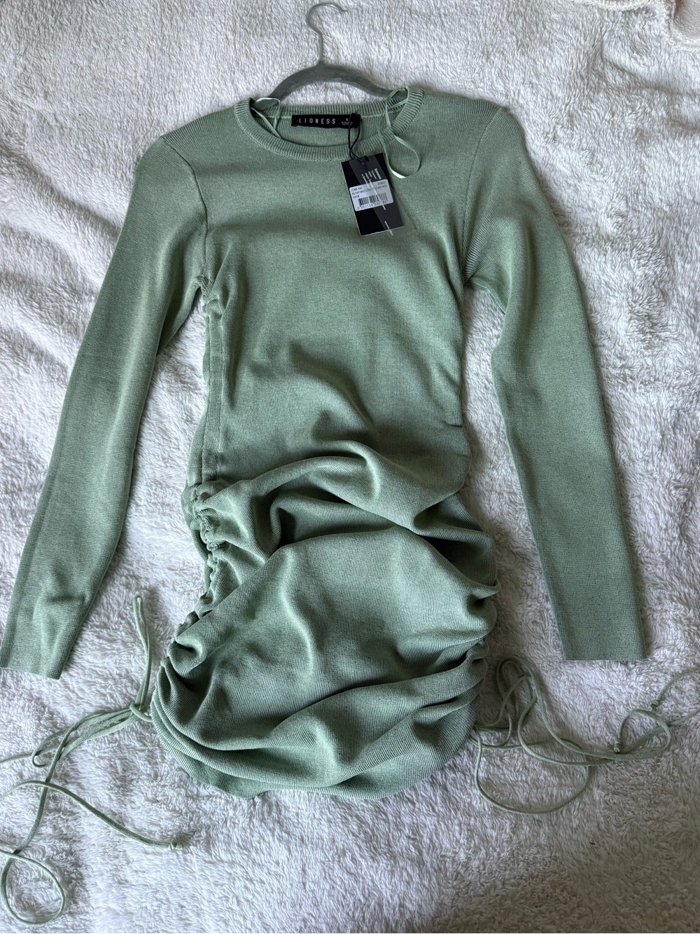Lioness Light Sage Green Ruched Knit Long Sleeve Mini Dress